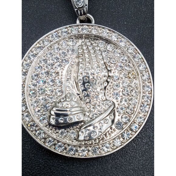Praying Hands Medallion Pendant 23.75" Necklace Rope Chain & Rhinestones Aluminu - Picture 3 of 16